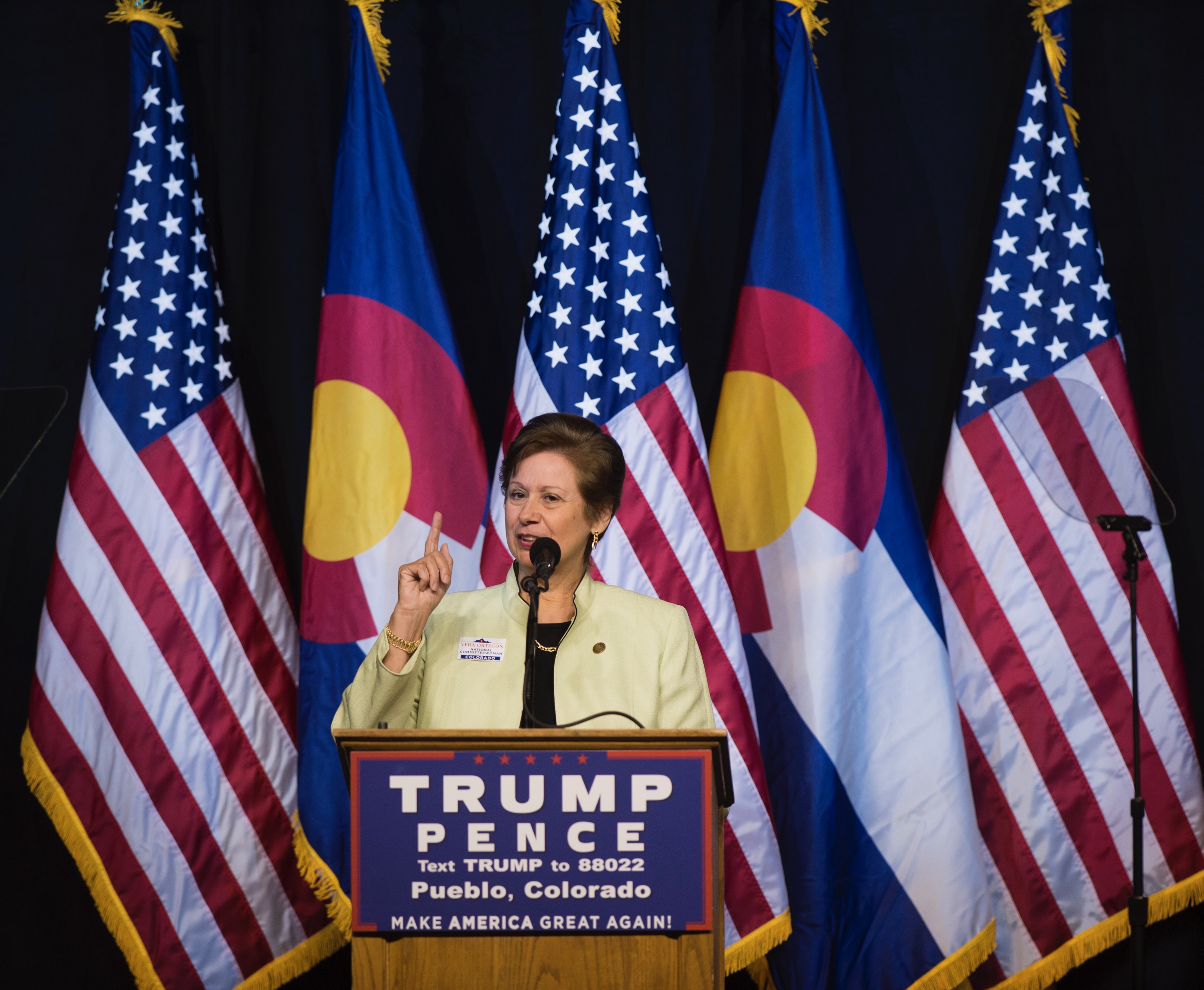 Vera Ortegon speaks prior to the speech by Donald Trump Monday October 3, 2016 at the Pueblo Convention Center in Pueblo, Colo. (Bryan Kelsen, The Pueblo Chieftain)